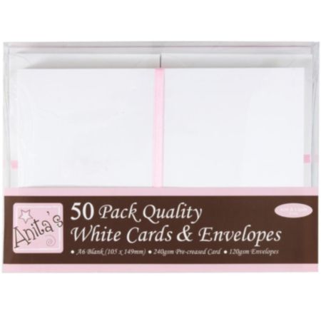  Anitas Plain Blank Cards & Envelopes A6 White Pack of 50