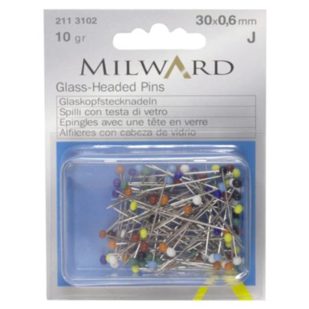 Milward Glass-Headed Straight Pins | 30 x 0.6mm - Assorted (10g)