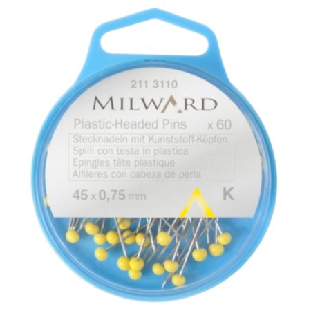 Milward Plastic-Headed Straight Pins | 45 x 0.75mm - Yellow (60 Pieces)