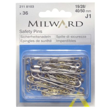 Milward Safety Pins |Assorted Sizes - Gold & Silver (36 Pieces)