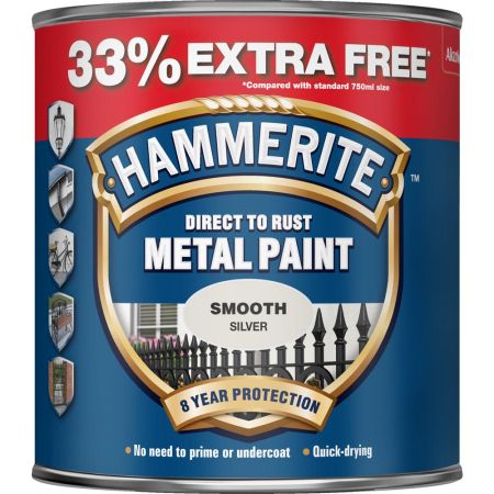 Hammerite Metal Paint Smooth Silver 33% Free 1L