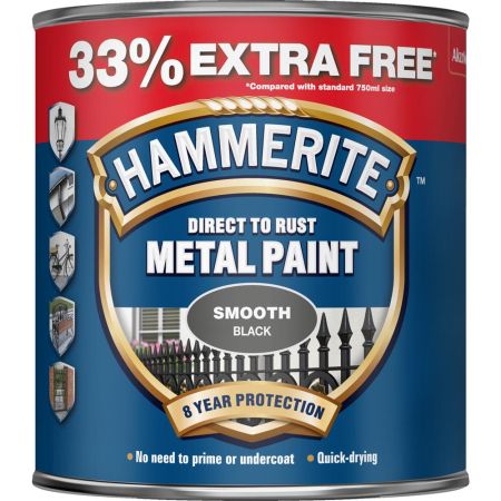 Hammerite Metal Paint Smooth Black 33% Free 1L