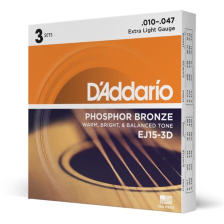 D'Addario EJ15-3D | Phosphor Bronze Acoustic Guitar Strings - Extra Light (3 Sets)