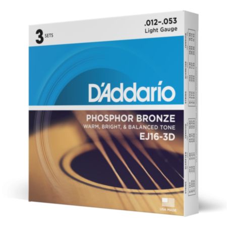 D'Addario EJ16-3D | Phosphor Bronze Acoustic Guitar Strings - Light [3 Sets]