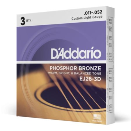 D'Addario EJ26-3D | Phosphor Bronze Acoustic Guitar Strings - Custom Light (11-52) [3 Sets]