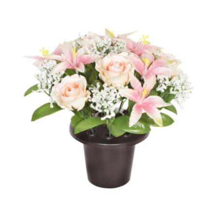25cm Pink Lily Rose Gypsophila x 16 Grave Pot
