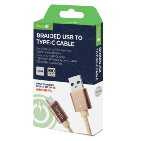 Simply Power USB to Type C Cable - 1.5m (Gold)