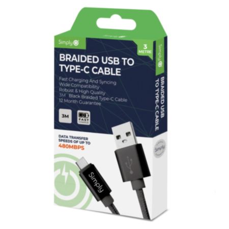 Simply Power USB to Type C Cable - 3m (Black)