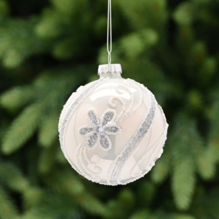 Glass Ball Christmas Bauble(8cm) - White Glass / Silver Flower
