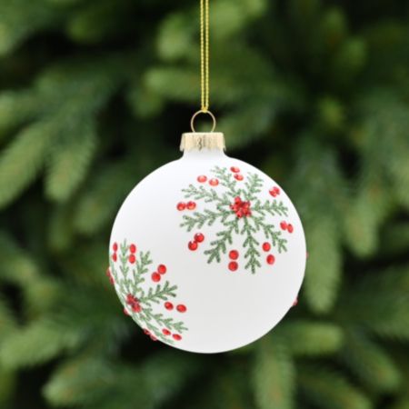 Glass Ball Christmas Bauble (8cm) - White Glass / Festive Snowflake