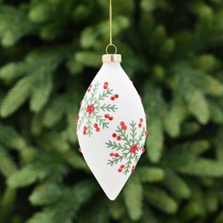 Glass Teardrop Christmas Bauble (13cm) - White Glass / Festive Snowflake