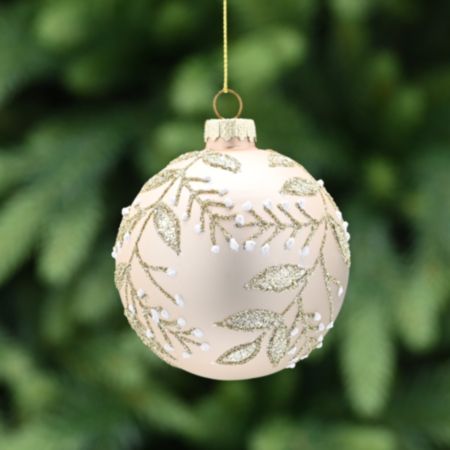 Glass Ball Christmas Bauble (8cm) - Gold Glitter Leaves