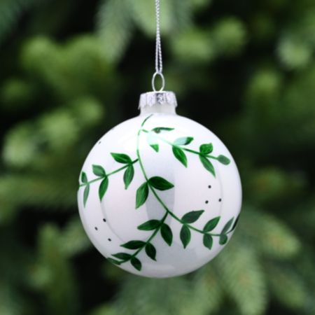 Glass Ball Christmas Bauble (8cm) - White / Green Mistletoe