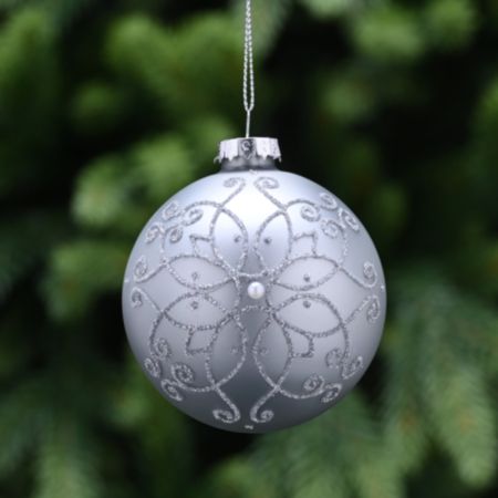 Glass Ball Christmas Bauble (8cm) - Matt Silver Glitter Swirl