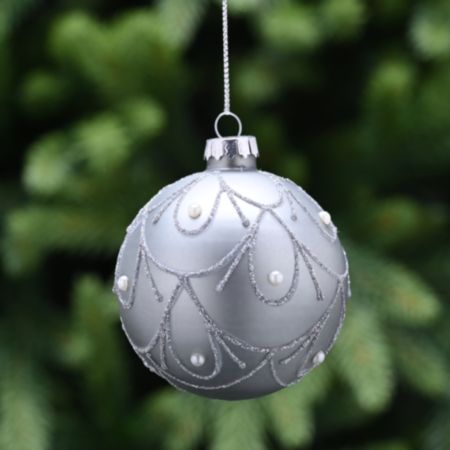 Glass Ball Christmas Bauble (8cm) - Matt Silver Glitter Beads