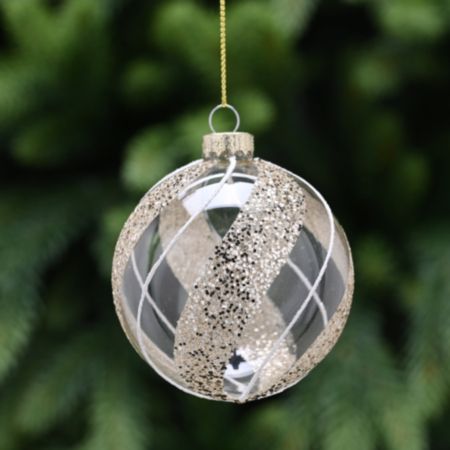 Glass Ball Christmas Bauble (8cm) - Clear Glass / Glitter Stripes