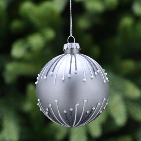 Glass Ball Christmas Bauble (8cm) - Matt Silver / White Lines