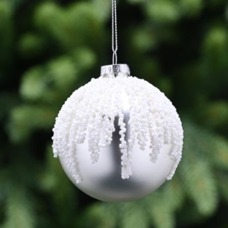 Glass Ball Christmas Bauble (8cm) - Matt Silver / Glitter Snowcap