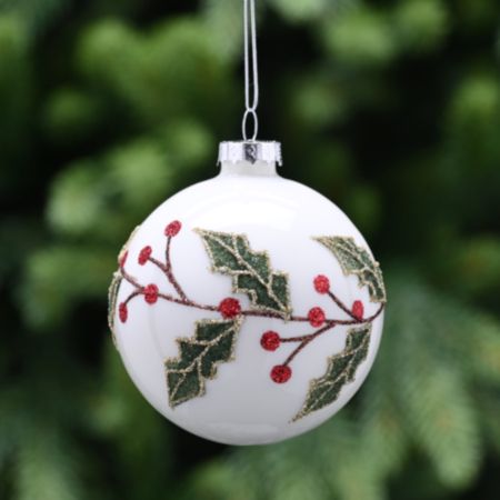 Glass Ball Christmas Bauble (8cm) - Matt White / Holly Design