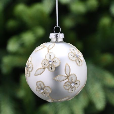 Glass Ball Christmas Bauble (8cm) - Matt Silver / Glitter Flower