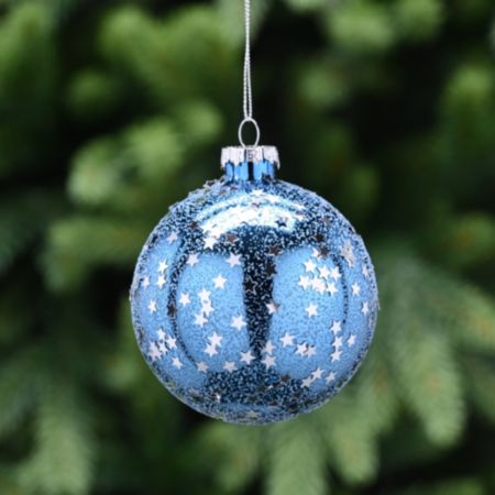 Glass Ball Christmas Bauble (8cm) - Metallic Blue / Silver Stars