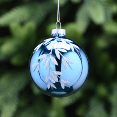 Glass Ball Christmas Bauble (8cm) - Metallic Blue / White Leaf