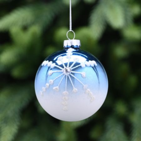 Glass Ball Christmas Bauble (8cm) - Metallic Blue / White Snowflake