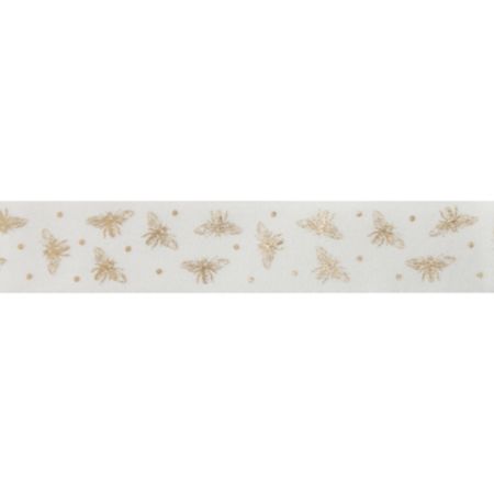 Berisfords Printed Ribbon - Sparkle Bee | 20m x 25mm (White & Gold)