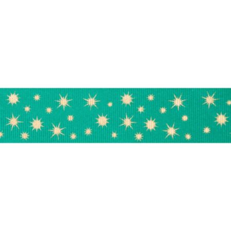Berisfords Printed Ribbon - Glisten | 25mm x 20m (Jade & Gold)