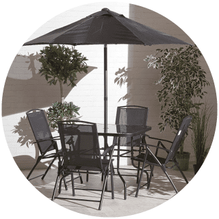 Memphis Set black 6 piece - includes table, 4 chairs and parasol.